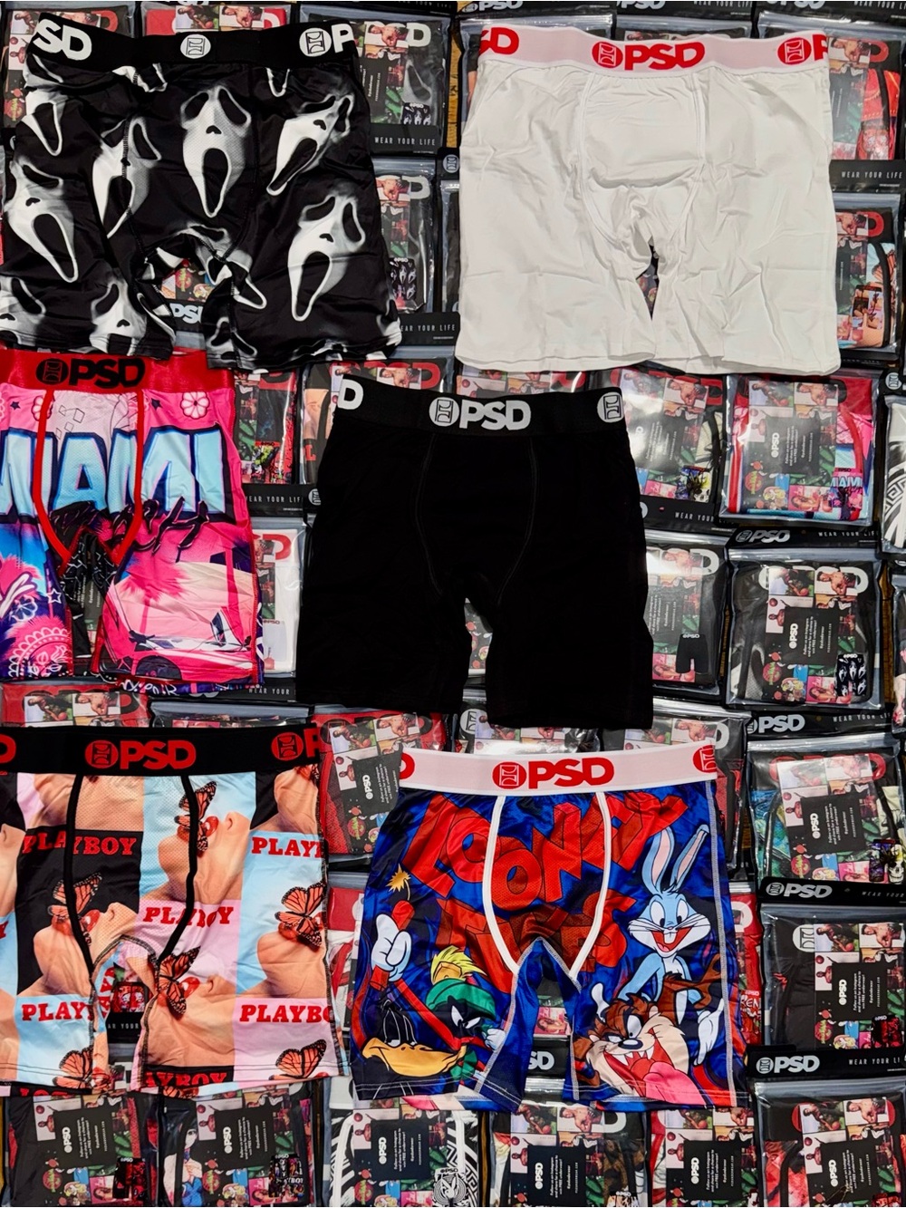 PSD Multi-Pack Boxer Briefs in Black, White, Red, Blue, Pink